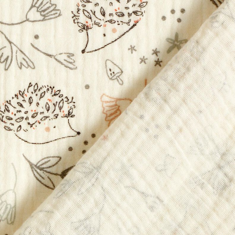 Tissu double gaze de coton Hérissons et plantes de la forêt – écru,  image number 4