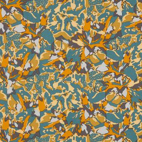 Tissu viscose mer de fleurs abstraite – sapin bleu/jaune curry, 