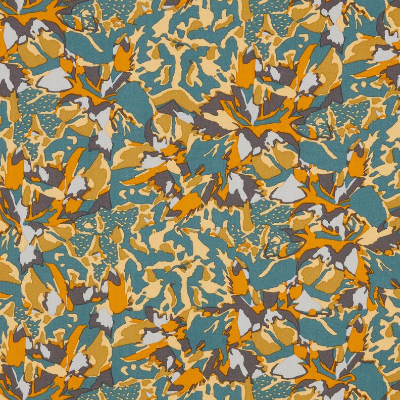 Tissu viscose mer de fleurs abstraite – sapin bleu/jaune curry,  image number 1