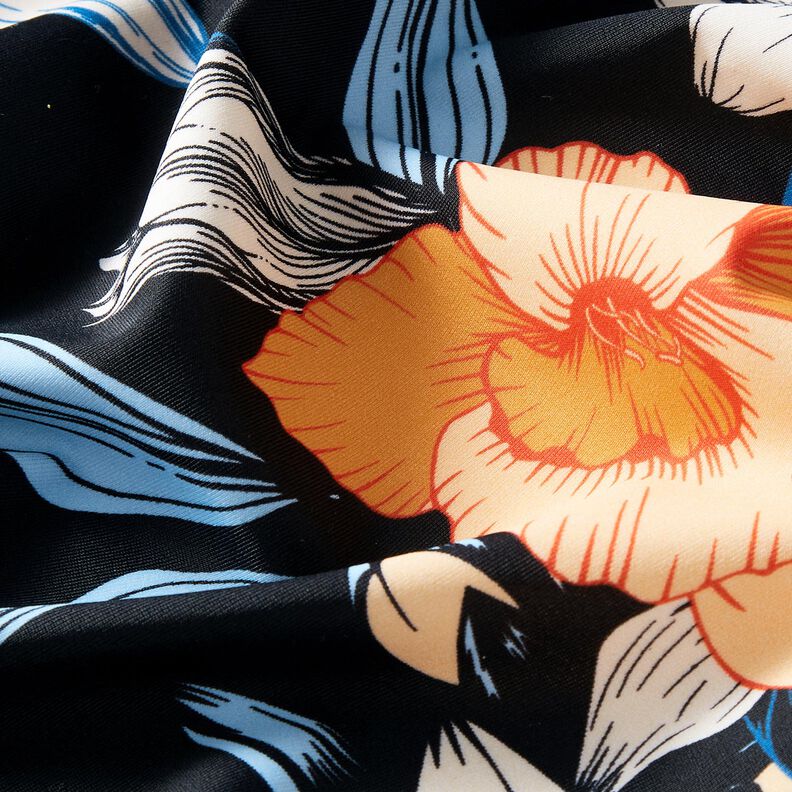Tissus pour maillot de bain Grandes fleurs d'hibiscus – bleu noir/abricot,  image number 2