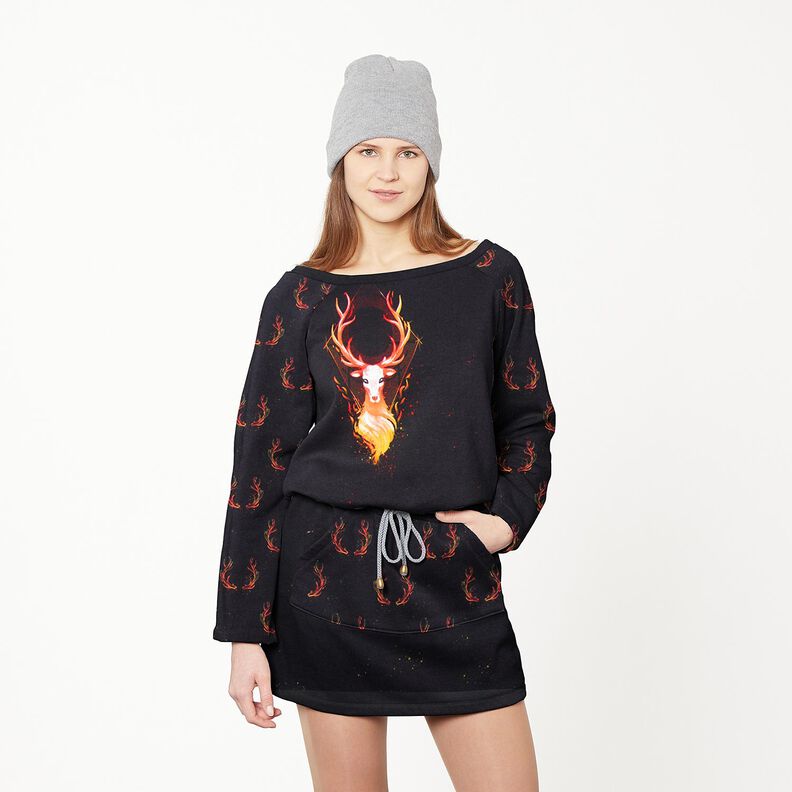 French Terry Panel Cerf de flammes | Glitzerpüppi – noir/orange,  image number 6