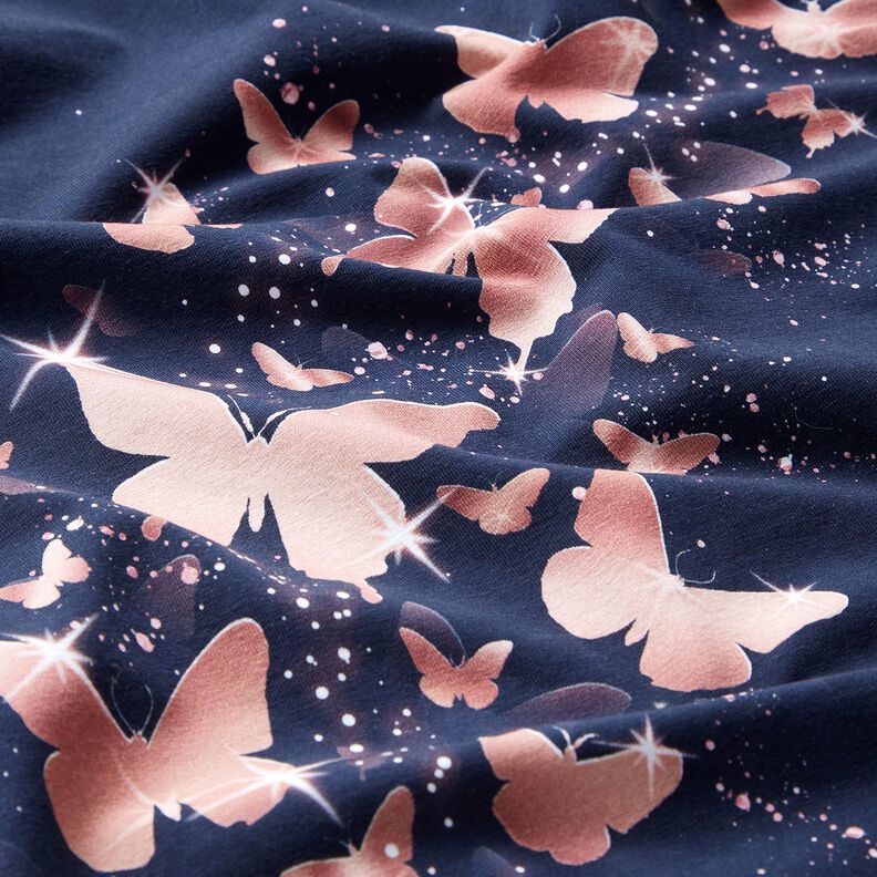Jersey coton papillons scintillants | Glitzerpüppi – bleu nuit/vieux rose, image number 8