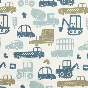 French Terry Sweat d&rsquo;&eacute;t&eacute; V&eacute;hicules griffonn&eacute;s &ndash; blanc/bleu, 