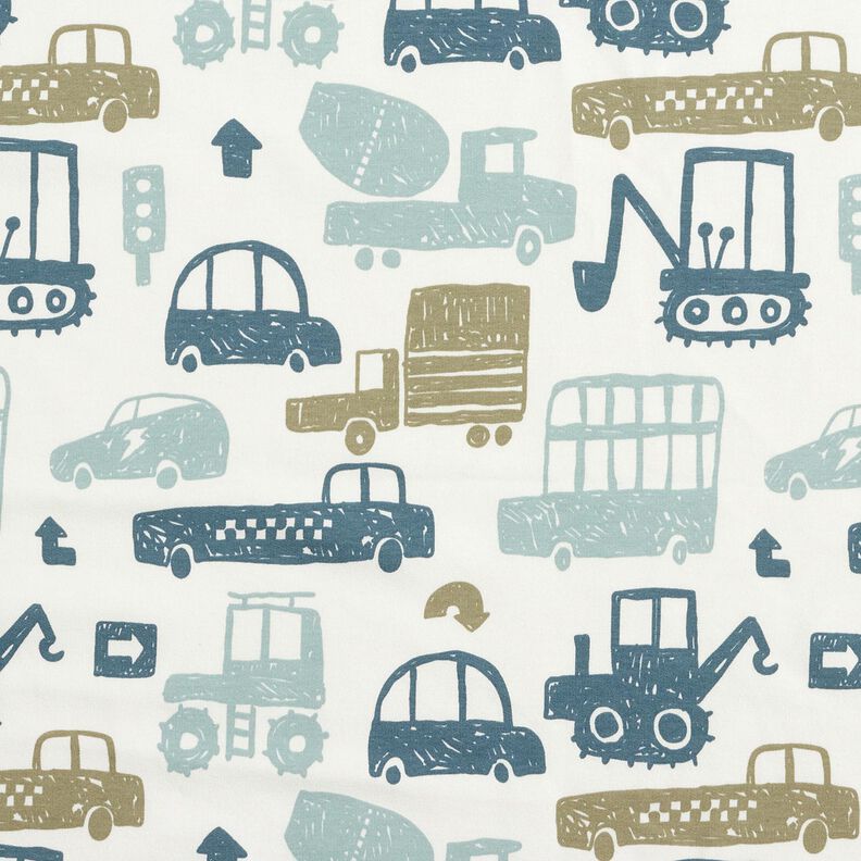 French Terry Sweat d&rsquo;&eacute;t&eacute; V&eacute;hicules griffonn&eacute;s &ndash; blanc/bleu,  image number 1