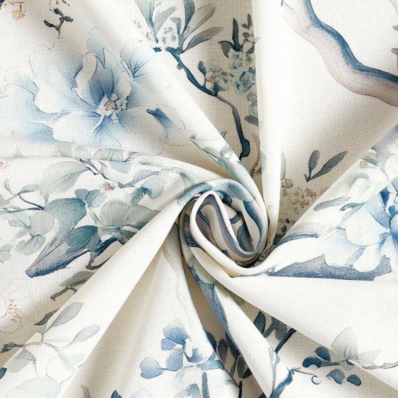 Tissu de décoration Semi-panama branches peintes – blanc/gris bleu, image number 3