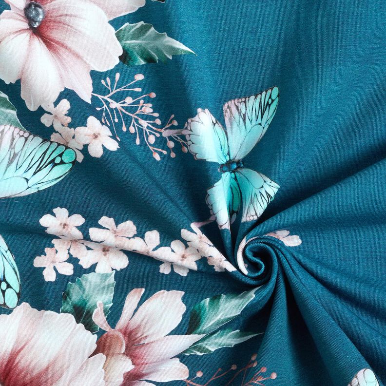 Jersey coton Prairie de papillons | Glitzerpüppi  – pétrole légère/rosé,  image number 3