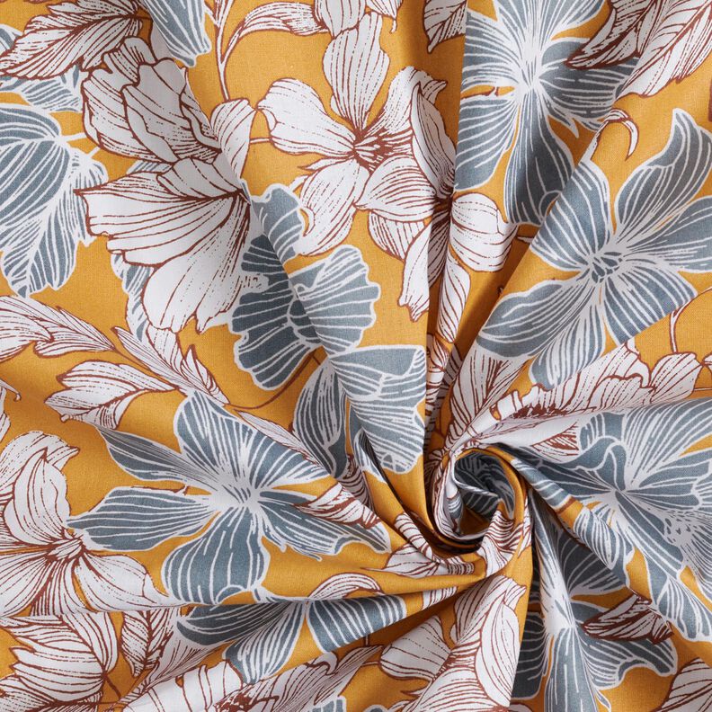 Tissu en coton Cretonne Grandes fleurs – moutarde/gris, image number 3