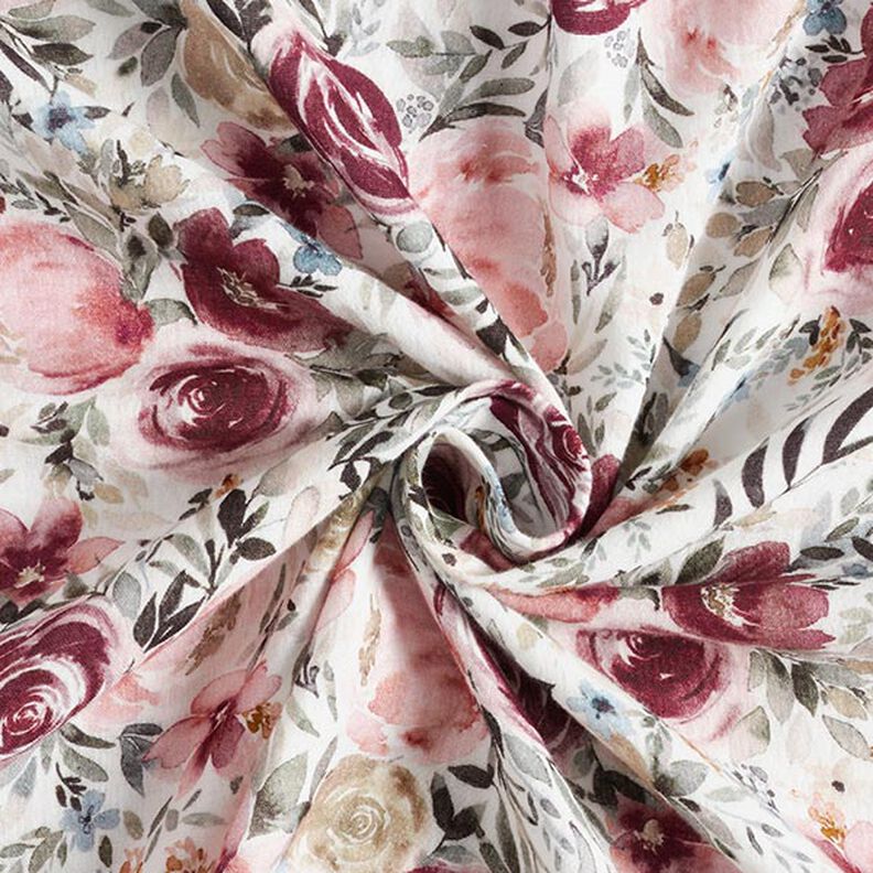 Tissu double gaze de coton Roses aquarelle Impression numérique – blanc,  image number 4