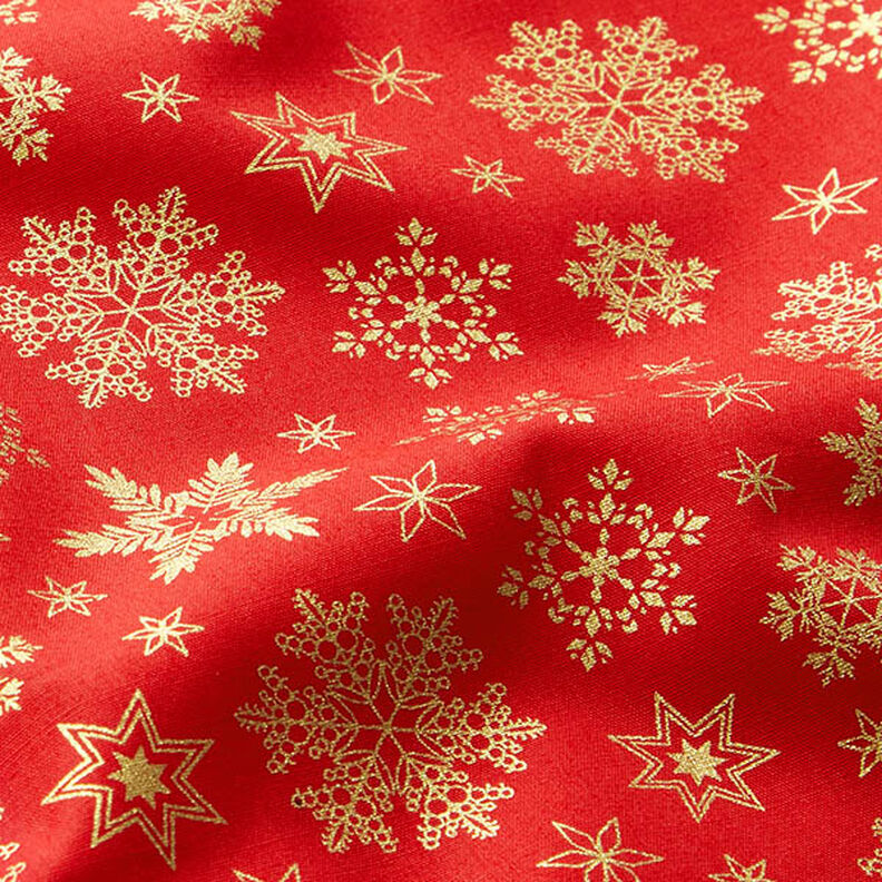 Tissu en coton Popeline Cristaux de neige – rouge/or, image number 2