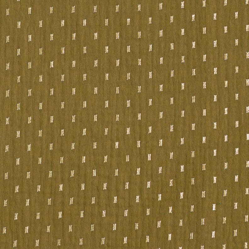 Tissu double gaze de coton Imprimé feuille Carreaux – olive foncé/or,  image number 1