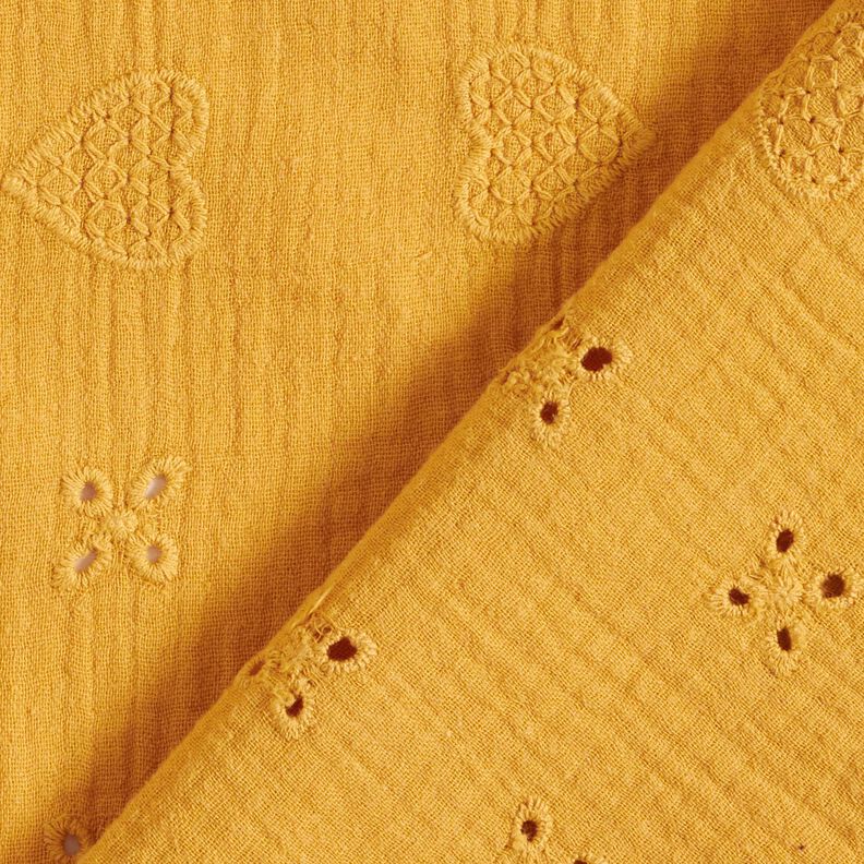 Tissu double gaze de coton Dentelle brodée Cœurs – jaune curry,  image number 4
