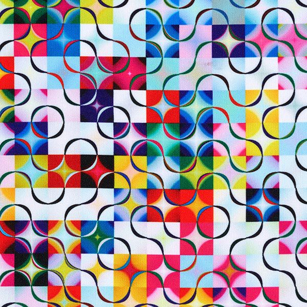 Tissu en polyester Lignes ondulées et carreaux multicolores,  image number 1