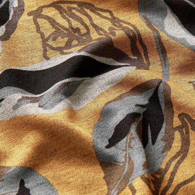 Jersey viscose grandes feuilles d'automne – jaune curry/gris schiste, image number 5