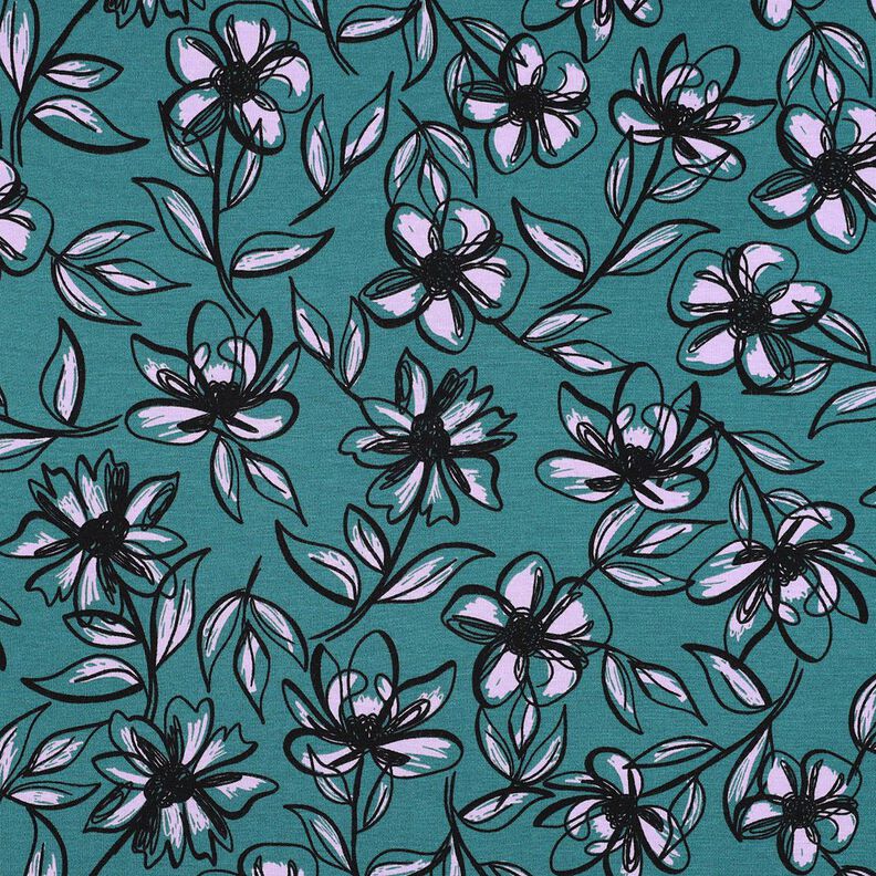 Jersey romanite Fleurs – pétrole/mauve,  image number 1