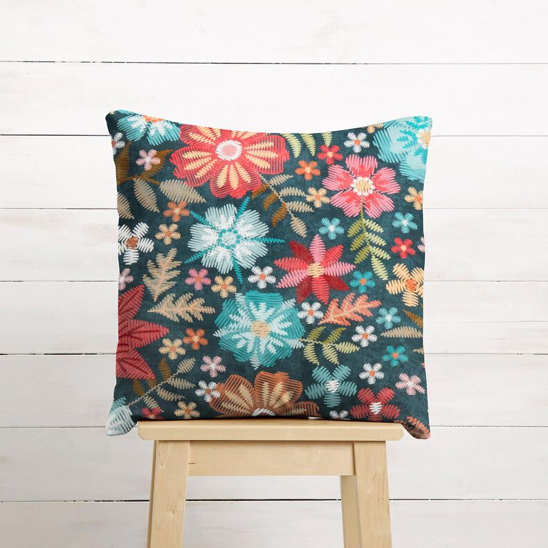 Velours de décoration Fleurs aspect broderie – pétrole/carmin,  image number 8