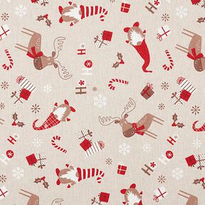 Tissu de décoration Semi-panama Lutins et rennes – beige/rouge, 