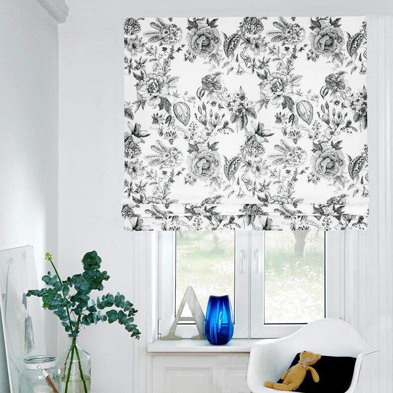 Tissu de décoration Semi-panama Fleurs pittoresques – blanc/noir, image number 6