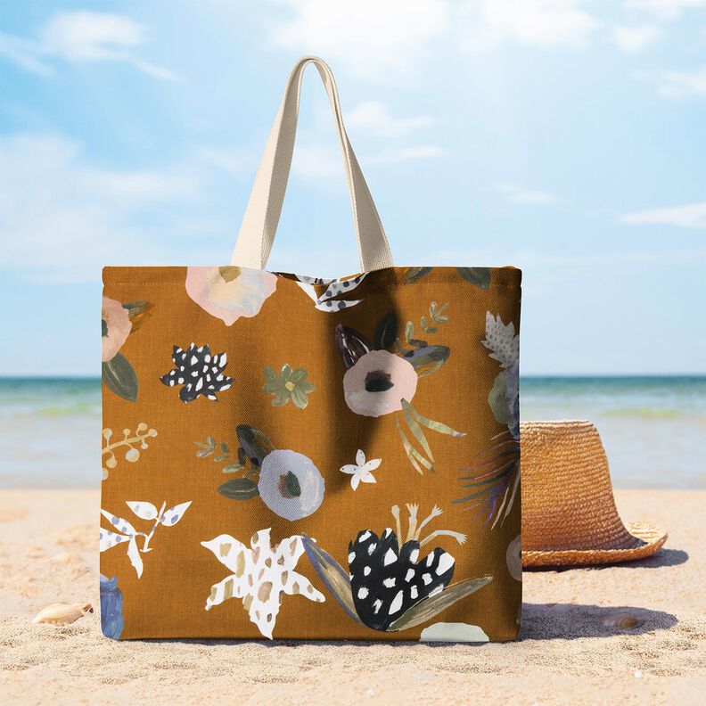 Tissu de décoration Semi-panama Grandes fleurs rétro – caramel/kaki clair,  image number 8