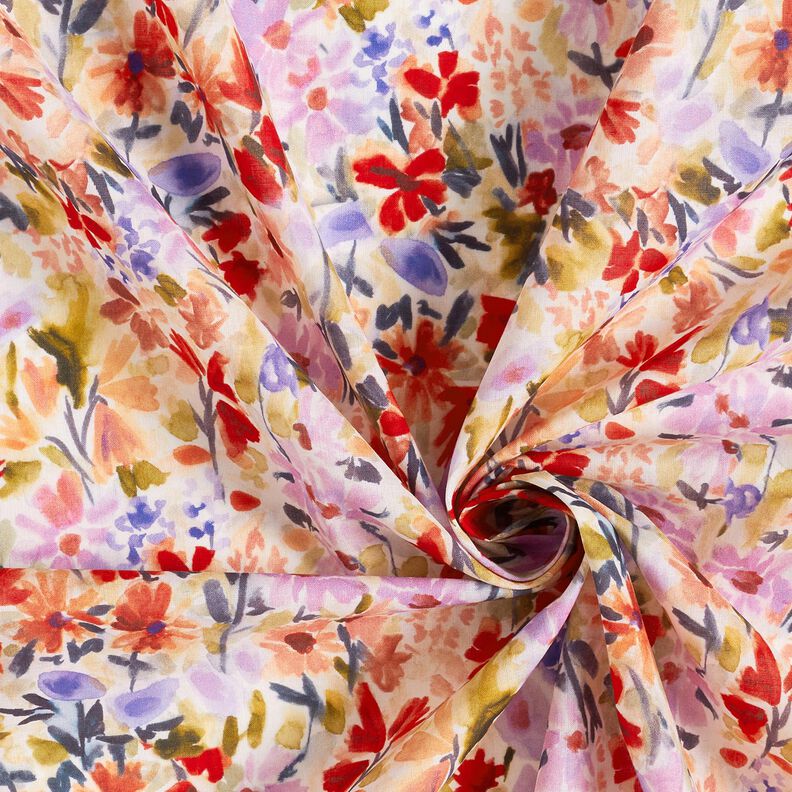 Voile de coton Prairie fleurie aquarelle impression numérique – ivoire/rouge,  image number 3
