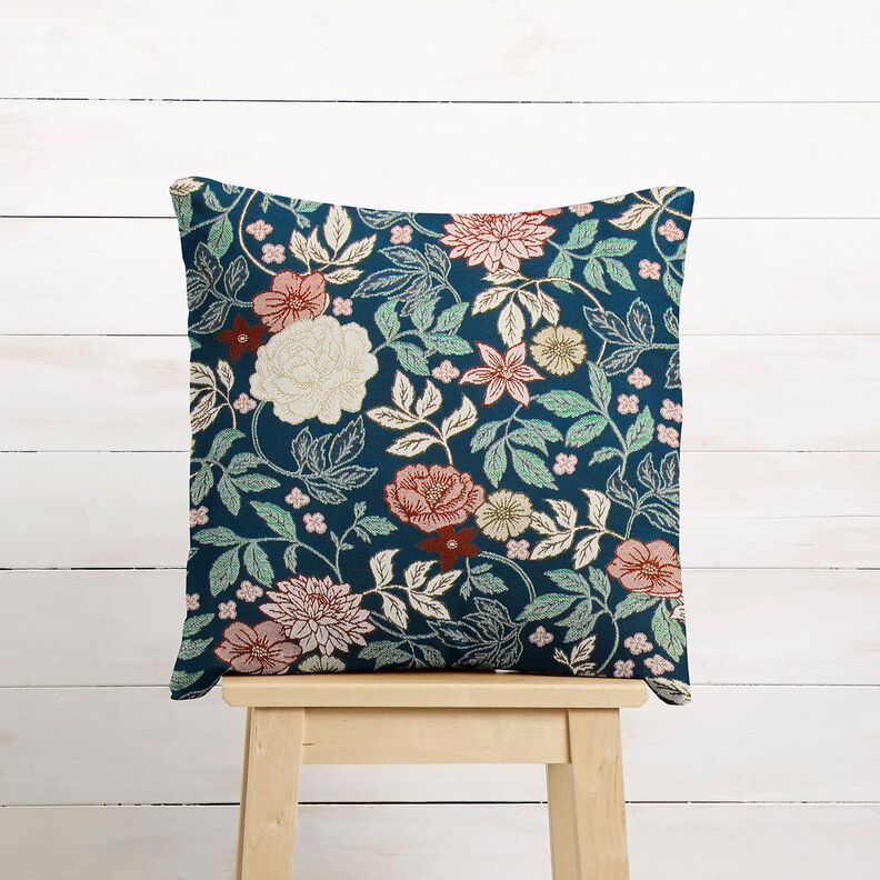 Tissu de décoration Jacquard Fleurs vintage – pétrole/rouge foncé,  image number 6
