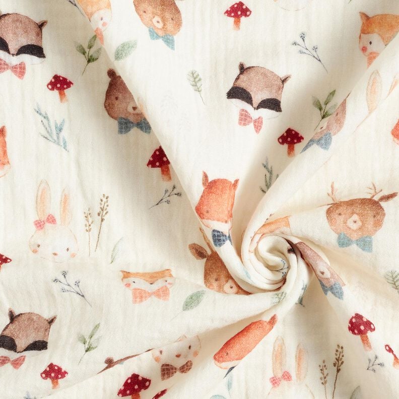 Tissu double gaze de coton Têtes d'animaux de la forêt Impression numérique – écru, image number 3