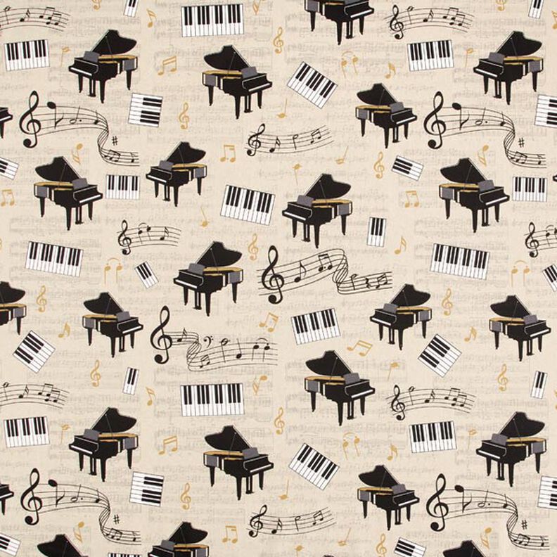 Tissu de décoration Semi-panama clavier de piano et notes – nature/noir, image number 1