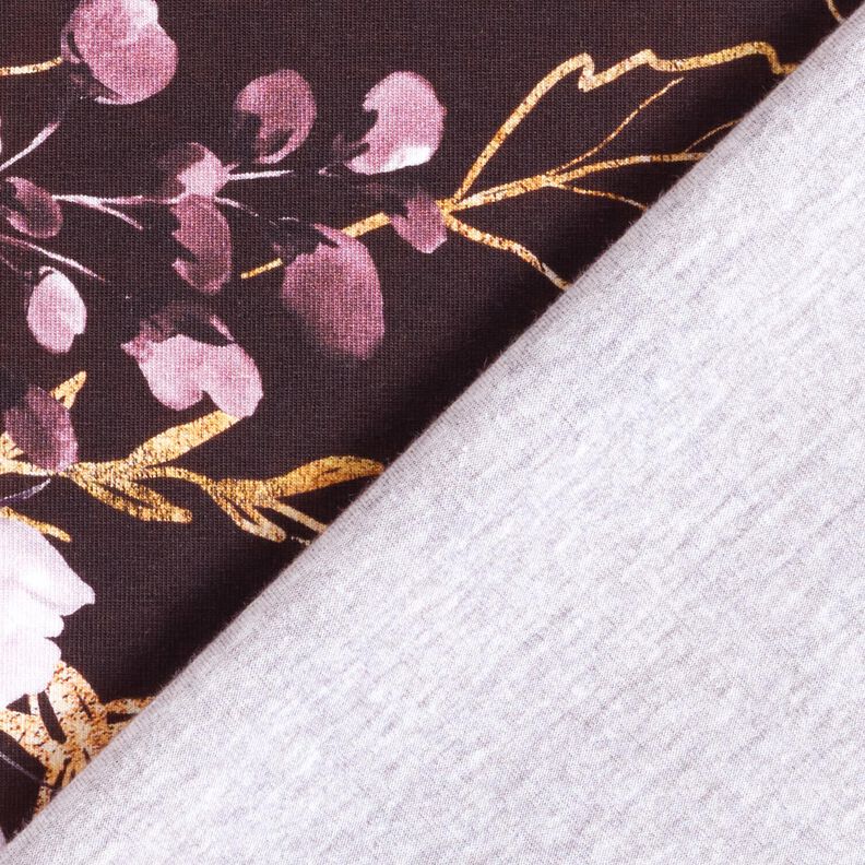 Jersey coton Tissu bordure Fleurs en paillettes dorées | Glitzerpüppi – rouge bordeaux/lilas pastel,  image number 4