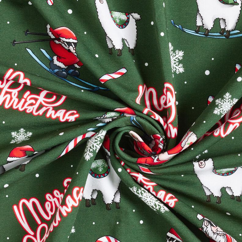French Terry Sweat d’été Père Noël et lama | Glitzerpüppi – vert sapin/chili,  image number 3