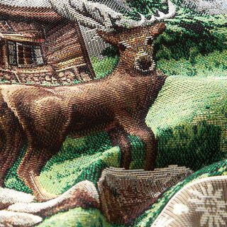 panneau décoratif Gobelin Cerf et refuge de montagne – marron/vert, 