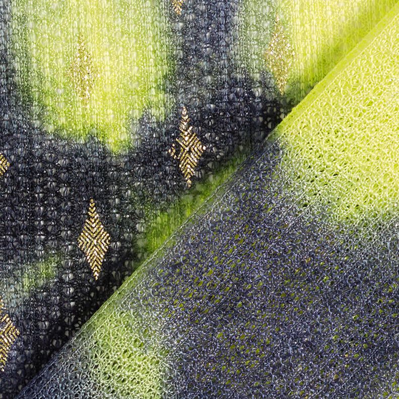 Dentelle tricotée Batik et losanges dorés – bleu marine/jaune fluo,  image number 4