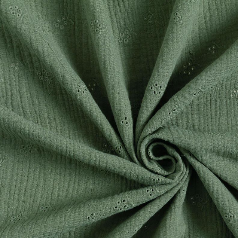Tissu double gaze de coton Dentelle brodée Vrilles de fleurs – vert foncé,  image number 3