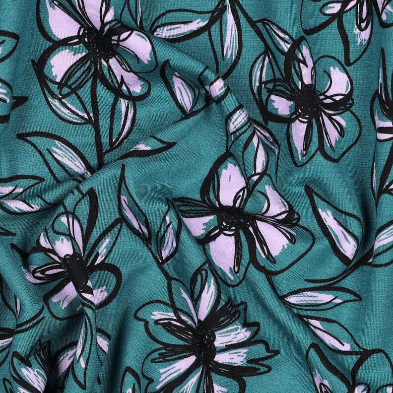Jersey romanite Fleurs – pétrole/mauve,  image number 2