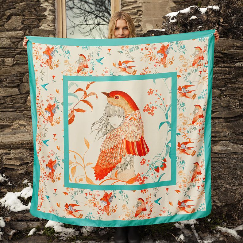 Panneau satin oiseaux et fées | Katia Fabrics – bleu aqua/crème, image number 5