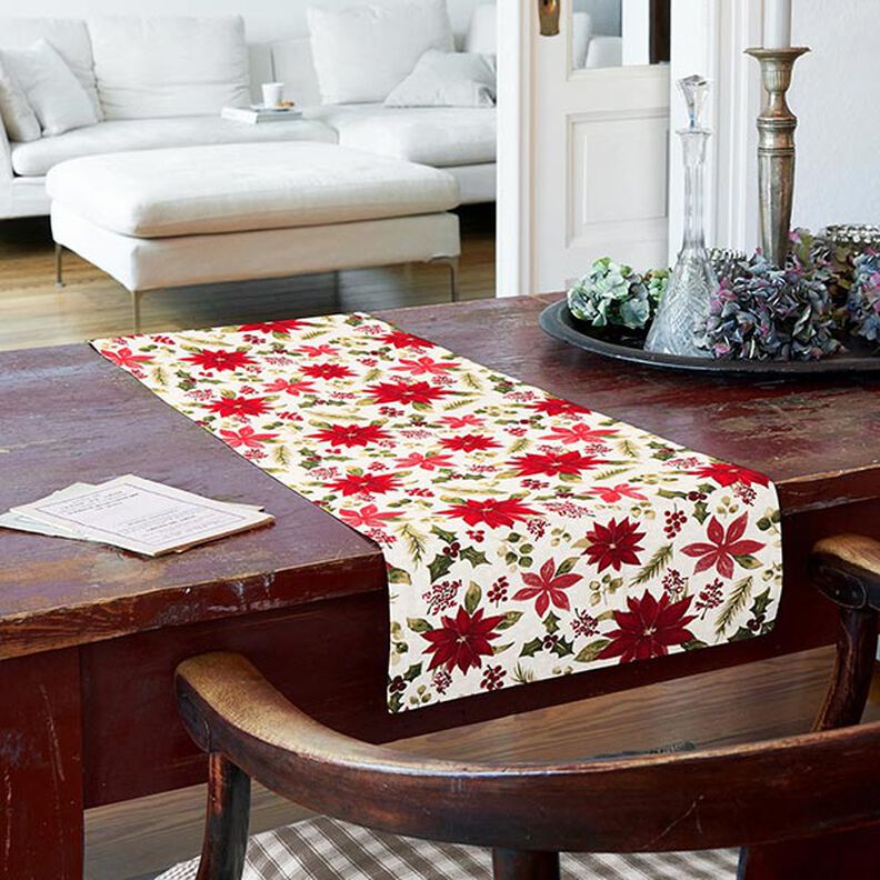 Tissu de décoration Canvas Fleurs d’étoile de Noël – écru/carmin,  image number 8