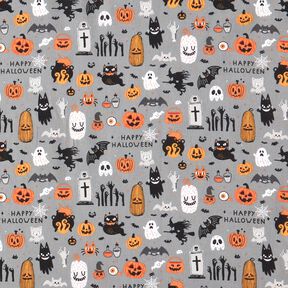 Tissu en coton Popeline Happy Halloween – gris éléphant/orange clair, 