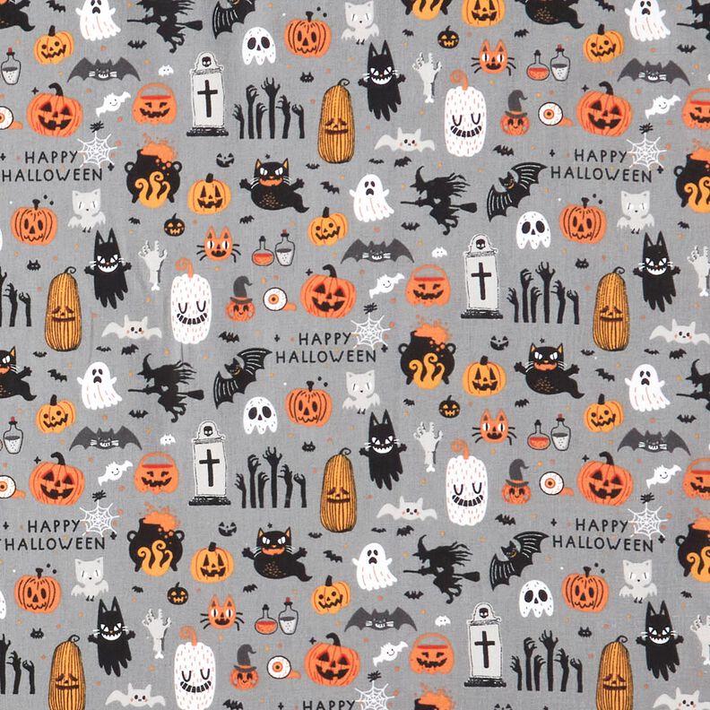 Tissu en coton Popeline Happy Halloween – gris éléphant/orange clair, image number 1