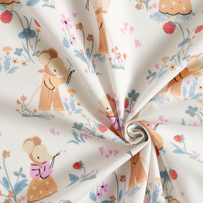 Popeline coton Souris dans un champ de fraises – blanc/rose,  image number 3