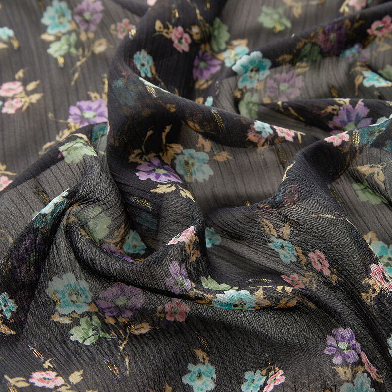 Crêpe mousseline Dobby & Fleurs – noir/bleu clair,  image number 2