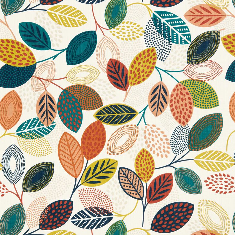 Tissu de décoration Panama Feuilles en pointillés – écru/pétrole, image number 1