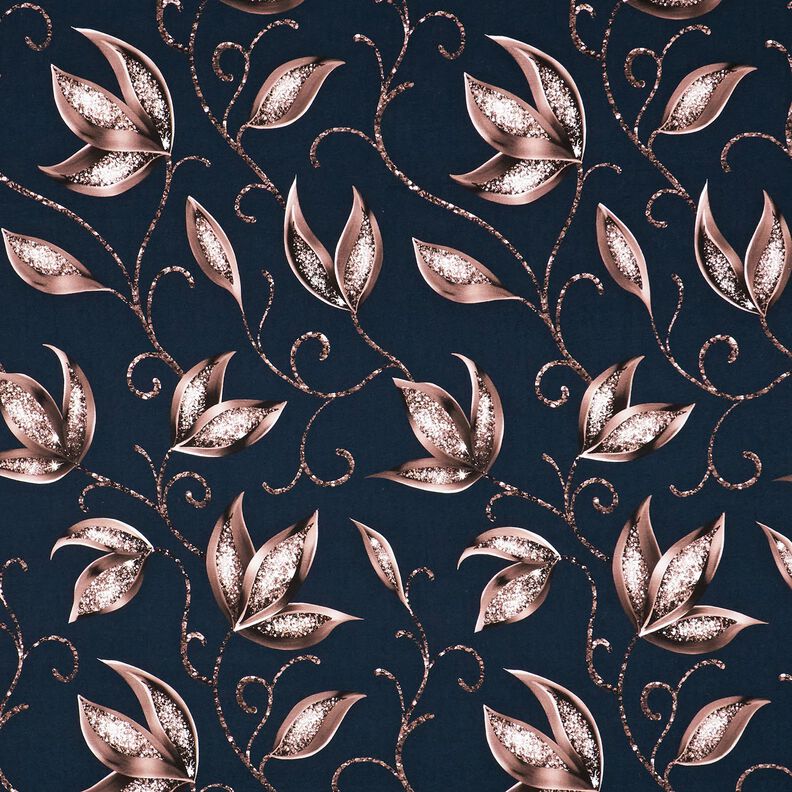 Jersey coton Feuilles scintillantes | Glitzerpüppi – bleu nuit/vieux rose foncé,  image number 1