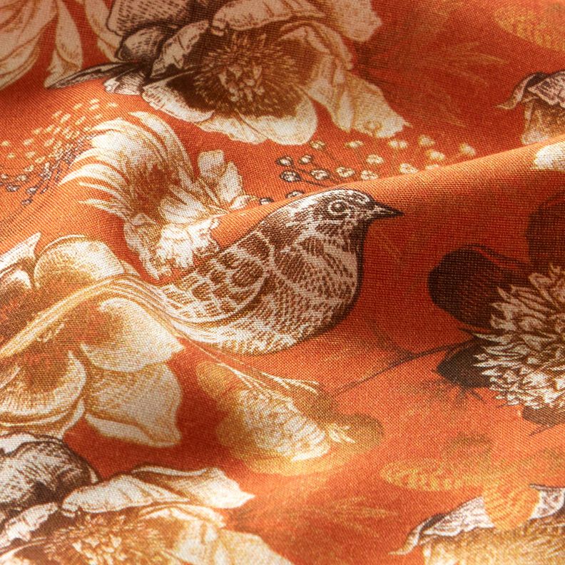 Tissu viscose Oiseaux et roses sauvages – terre cuite/caramel, image number 2