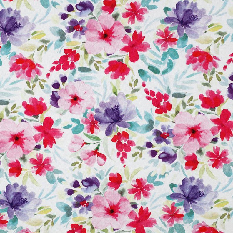 Jersey coton Impression numérique fleurs d'été – blanc/rose intense,  image number 1