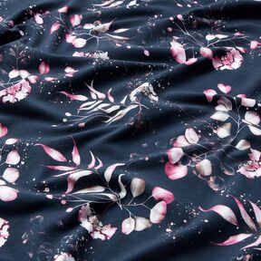 Jersey coton Eucalyptus et hortensias | Glitzerpüppi – bleu nuit/rose, 