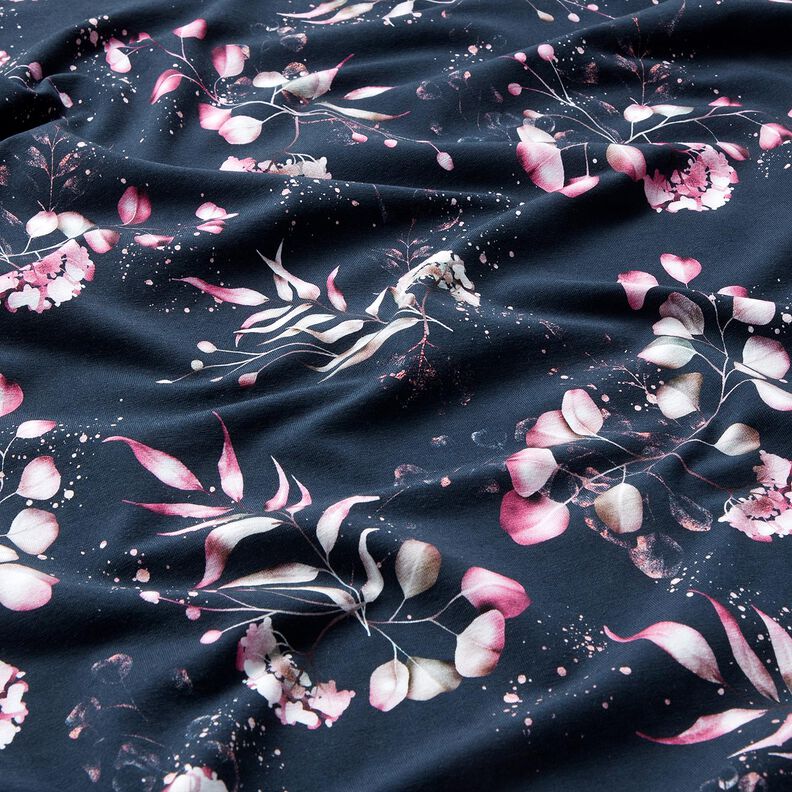 Jersey coton Eucalyptus et hortensias | Glitzerpüppi – bleu nuit/rose, image number 2