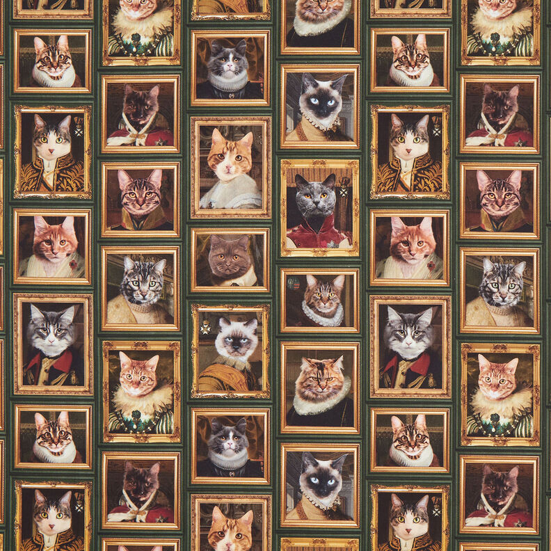 Tissu de décoration Semi-panama Portraits de chats – vert foncé/or, image number 1