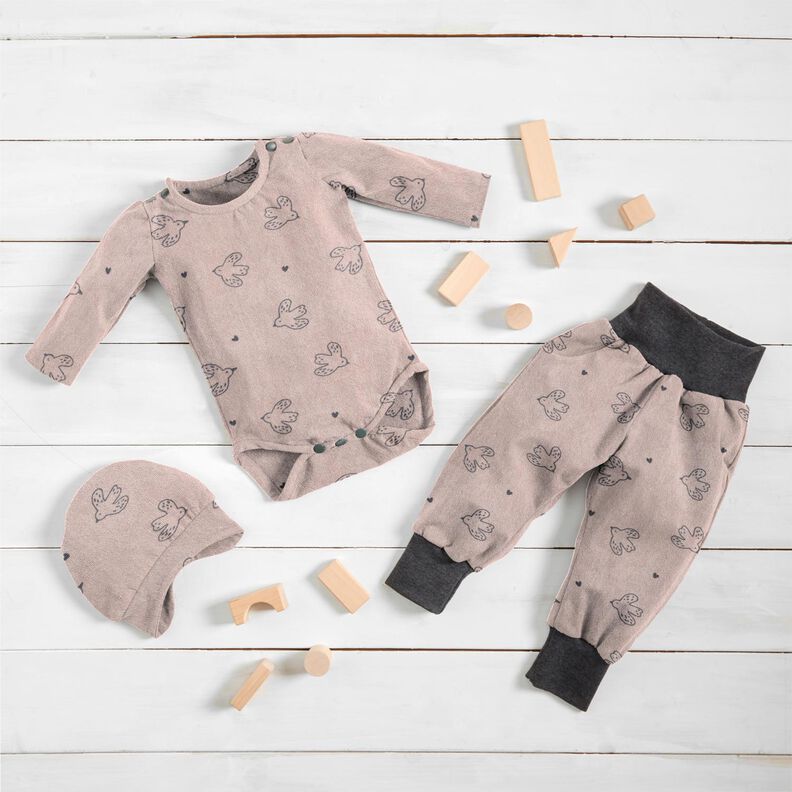 Jersey éponge Petits oiseaux – vieux rose clair,  image number 6