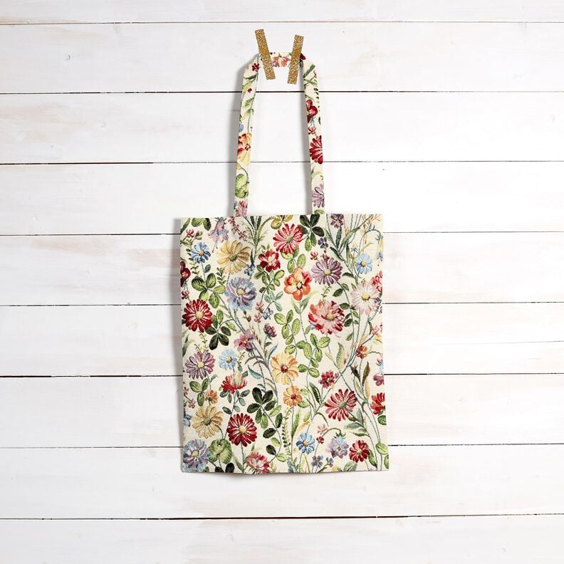 Tissu de décoration Gobelin Jardin fleuri joyeux – beige clair/vert, image number 7