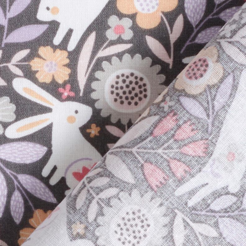 Popeline coton Lapins dans un pré fleuri – gris foncé, image number 4