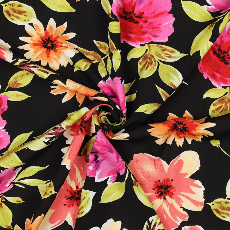 Tissu viscose Impression numérique grandes fleurs – noir/pourpre, image number 3