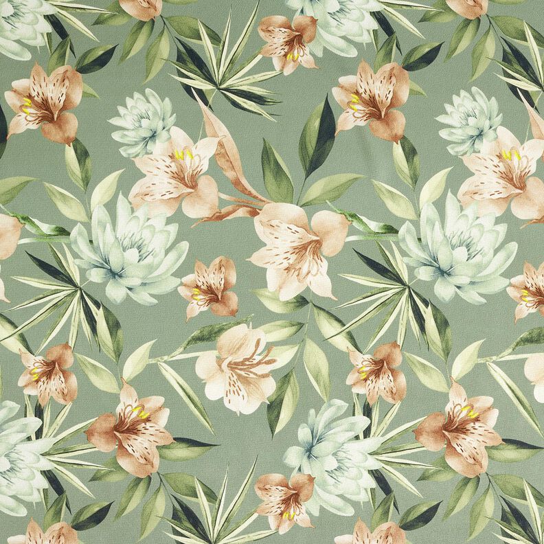 Crêpe satin magnolias et feuilles de palmier – roseau/beige,  image number 1